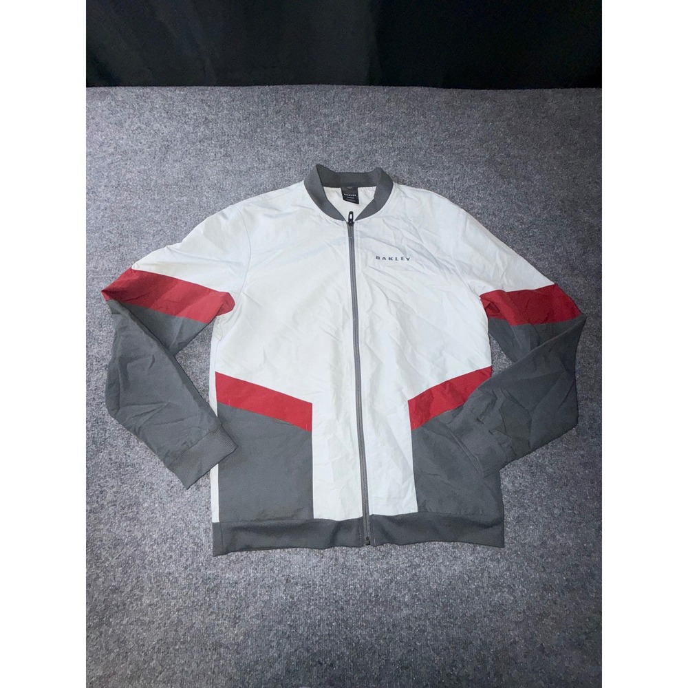 Oakley Womens Custom Fit Colorblock Full Zip Windbreaker Jacket White Grey Red M